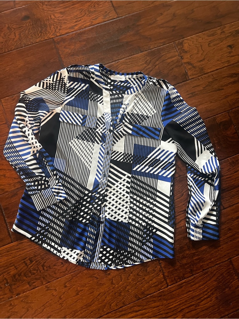 Calvin Klein Geometric Print Blouse Medium Blue Black White Roll Tab Sleeve